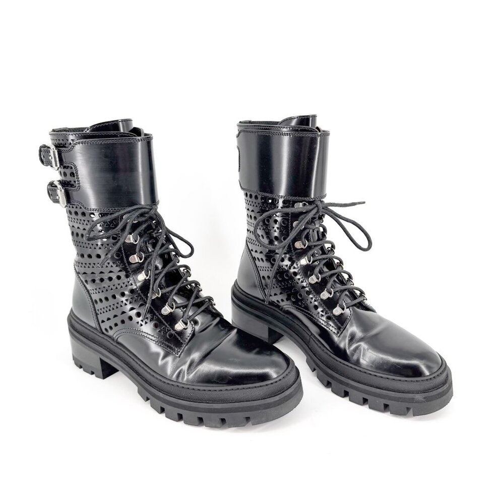 Alaia Laser Cut Black Leather Buckle Combat Boots Platform Size 37 US 7 Women’s